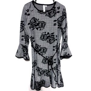 Emma Michele Houndstooth Floral‎ Rose Overlay Dress 14 Black Gray Bell Fit Flare